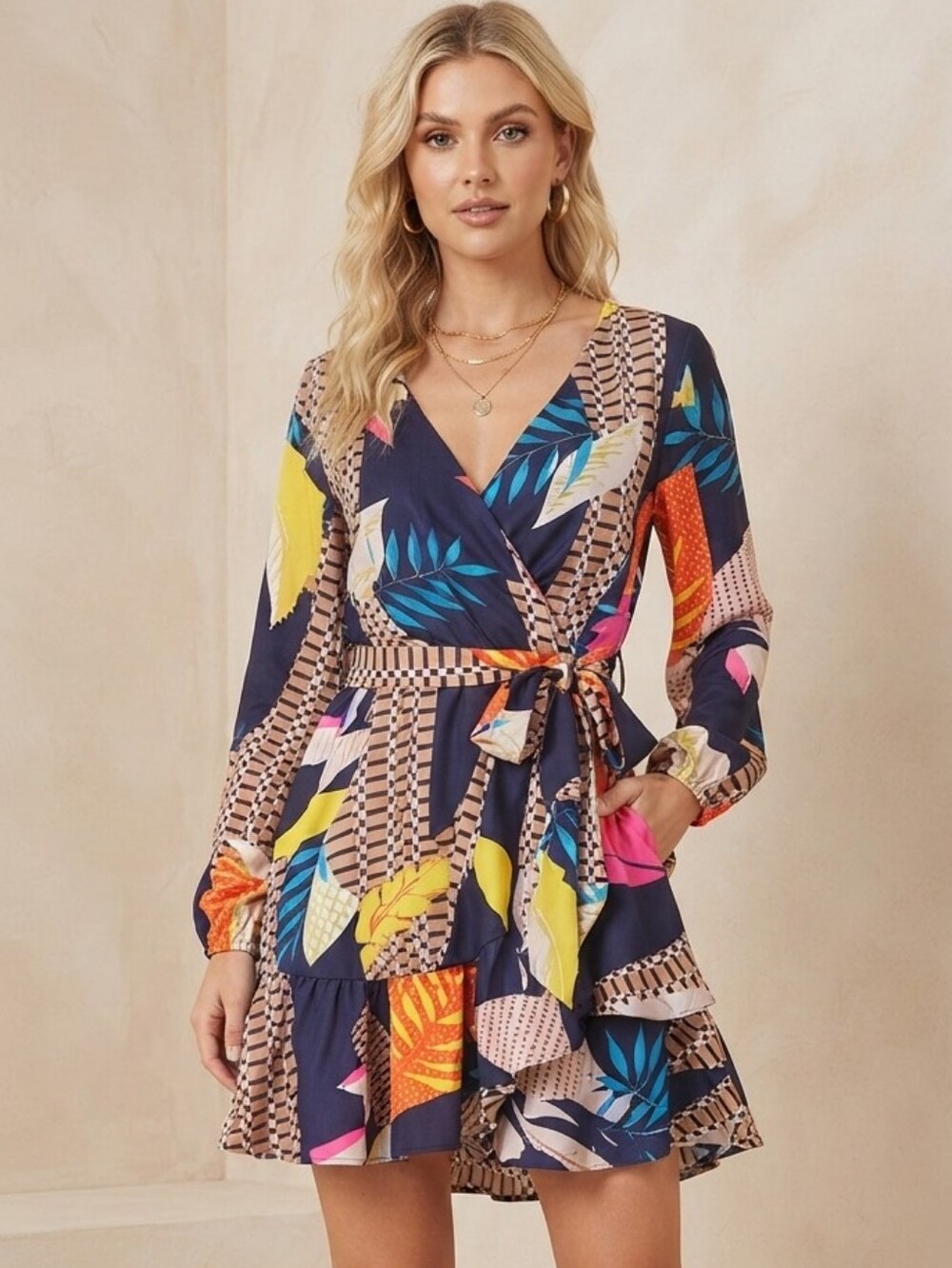 Imported Multicolor Abstract Geometric Ruffle Flounce Dress Size Large NWOT